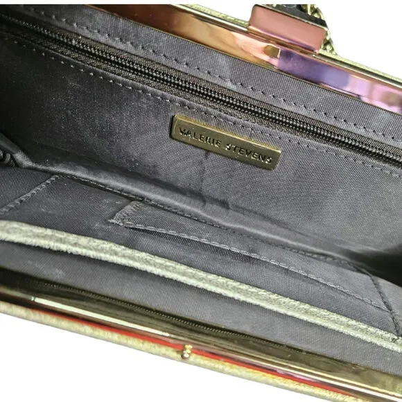 90s Suede Feels Gold Thin Clutch Hand bag Two In One Chain Strap Evening Bag - Picture 5 of 6